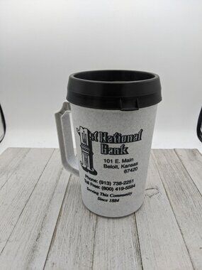 Vintage Thermal Black Gray 24oz Large Insulated Mug Cup Thermos w/Lid Bank Ads A